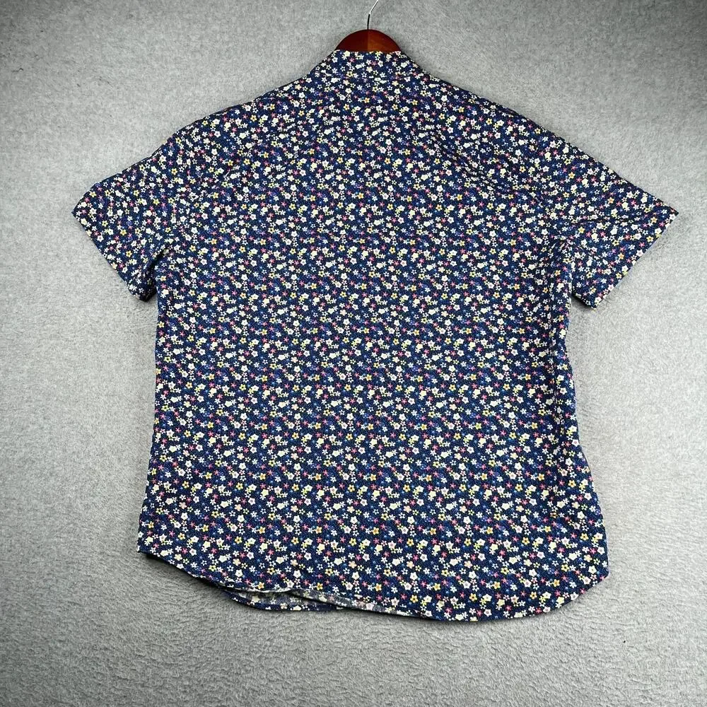 J Crew Flex Shirt XL Blue Colorful Floral Print Button Up Short Sleeve Mens